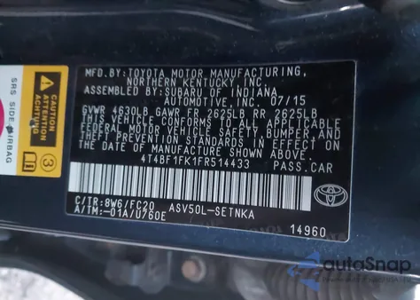 2015 Toyota Camry Le из США, поврежденный, VIN 4T4BF1FK1FR514433